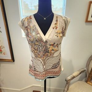 Hale Bob Multicolor Paisley Silk-like V-Neck Blouse With Jersey Back